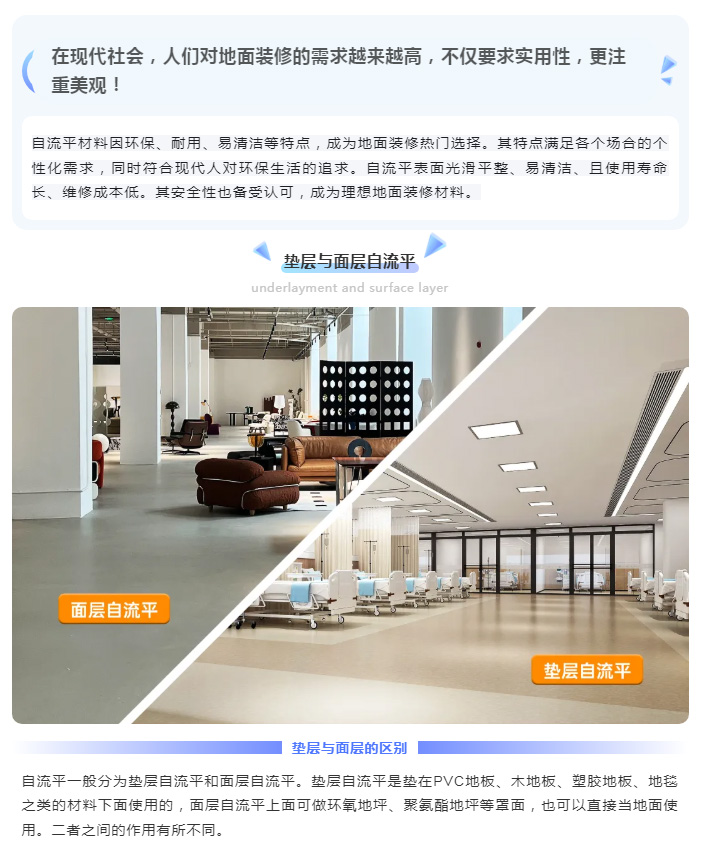 自流平一般分为垫层自流平和面层自流平。垫层自流平是垫在PVC地板、木地板、塑胶地板、地毯之类的材料下面使用的，面层自流平上面可做环氧地坪、聚氨酯地坪等罩面，也可以直接当地面使用。二者之间的作用有所不同。